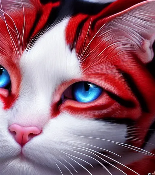 Prompt: red and white cat, ultra detail, photoreal, bright colors, professionally retouched, wide angle, black background, 8 k high definition, insanely detailed, intricate, elegant, art by artgerm and wlop