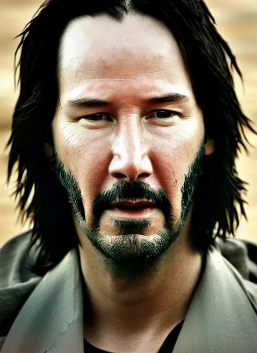 Prompt: close - up keanu reeves as a jedi master, perfect symmetrical face, a red sand desert, moody lighting, 8 k, shallow depth of field, intricate detail,