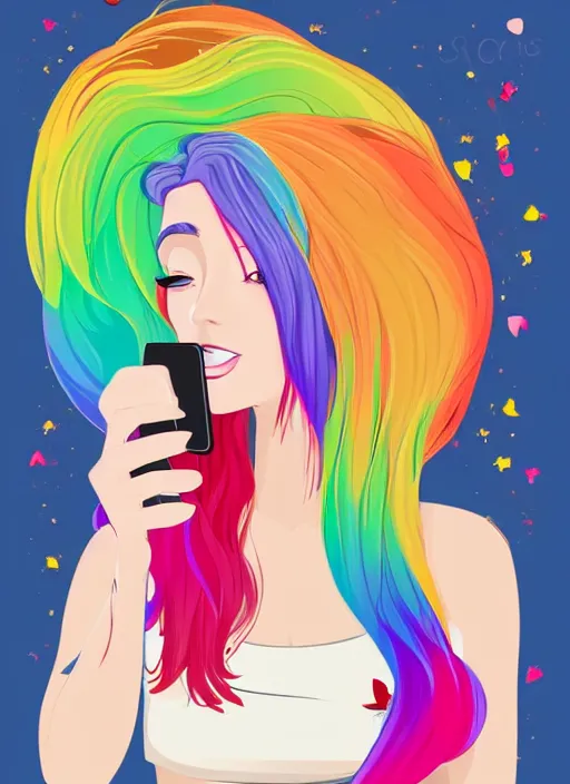 Prompt: a beautiful young woman with rainbow hair taking a selfie clean cel shaded vector art by loish, shutterstock, behance hd