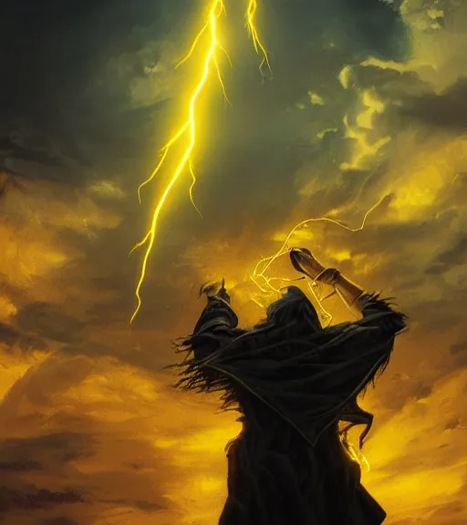 Image similar to a wizard summoning lightning from the sky, glowing yellow eyes, intricate, highly detailed, artstation, concept art, perfect composition, dynamic lighting, illustration, volumetric lighting, illustration, sharp focus, art by A. Shipwright