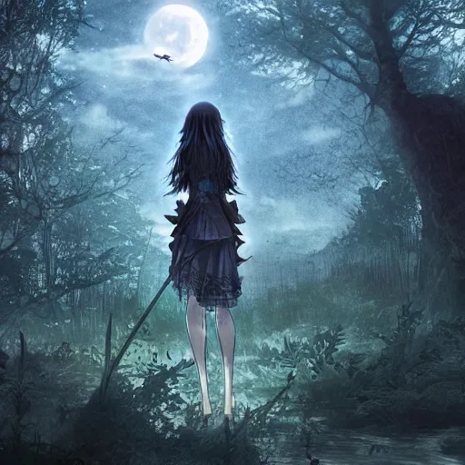 Image similar to goth woman in a moonlight view, in a forest, a river, tankoban, 4 k, tone mapping, akihiko yoshida, james jean andrei riabovitchev marc simonetti, yoshitaka amano, long hair, curly, h. hydrochaeri