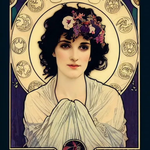 Image similar to winona ryder portrait by louis - theophile hingre and alphonse mucha, realistic, sharp focus, zodiac signs, tarot cards, planets, ethereal, art nouveau, magic, moon, sun, crown, dreamy, royal, jewellery