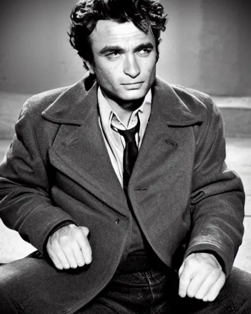 Prompt: genetic combination of peter falk and james dean, detective in overcoat, dynamic lighting, ultra detailed