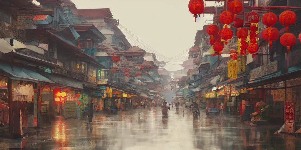 Image similar to a quiet petaling street in chinatown, kuala lumpur, rainy day, matte painting, studio ghibli, artstation