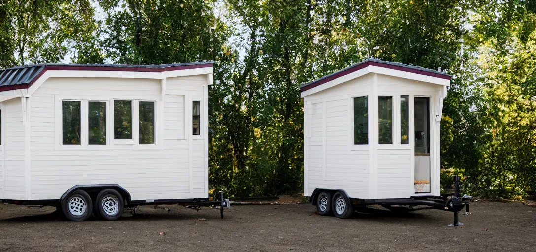Prompt: mughal - style white ivory tiny home on trailer with minarets in portland, oregon