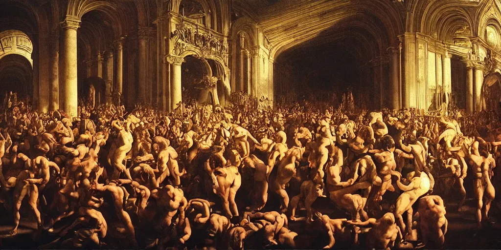 Image similar to huge crowd of unruly people enjoying dark ritual music, high detail baroque oil painting, golden ratio, volumetric light, godrays, terrifying geometry, alan lee, caravaggio, michelangelo