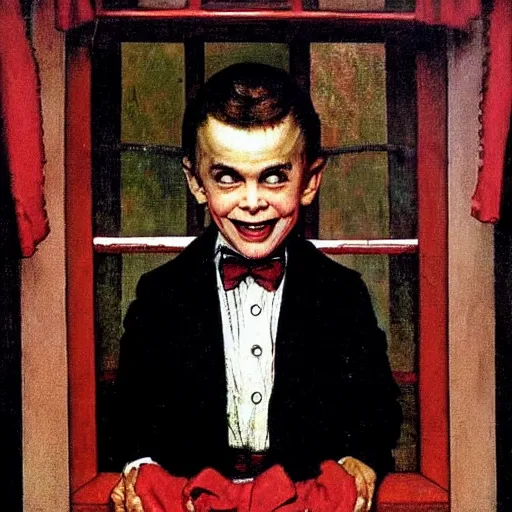 Prompt: smiling handsome young vampire count in the window. painting by Norman Rockwell.