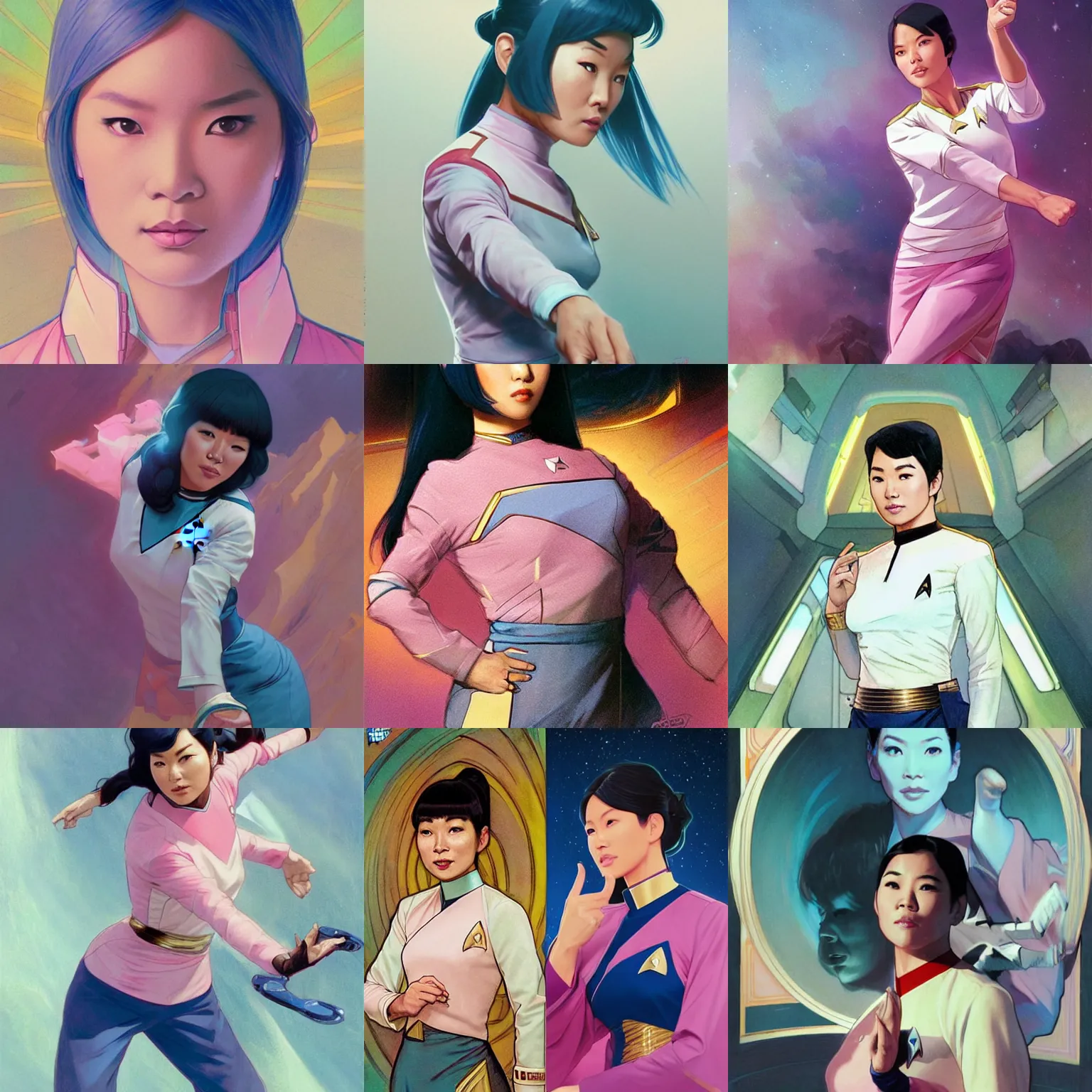 Prompt: Star Trek Asian woman, pastel pink skin tone, blue shirt, action pose by Artgerm and greg rutkowski and alphonse mucha