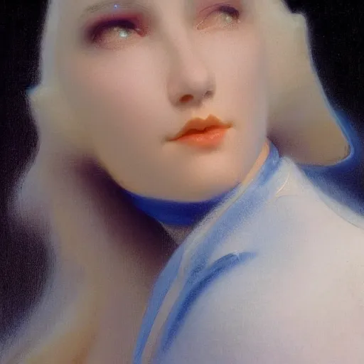 Image similar to young woman's face, her hair is white and she wears a cobalt blue duchesse satin cloak, by ivan aivazovsky and syd mead and moebius and roger dean and aelbert cuyp and willem claesz and pieter claesz and paul delaroche and alma tadema, hyperrealistic, volumetric light, octane