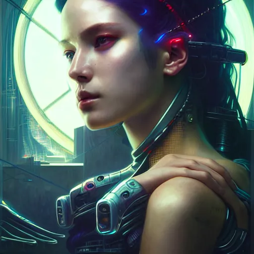 Image similar to portrait painting of a cyberpunk sunmi, ultra realistic, concept art, intricate details, eerie, highly detailed, photorealistic, octane render, 8 k, unreal engine. art by artgerm and greg rutkowski and magali villeneuve and alphonse mucha