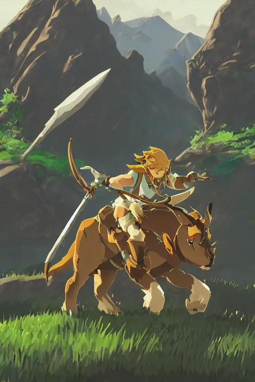 Image similar to a lynel of from the legend of zelda breath of the wild, breath of the wild art style.