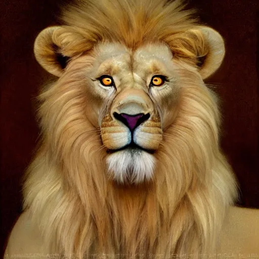 Image similar to hyper realistic albino male furry anthro lion, magical, painted by james gurney, norman rockwell, tom bagshaw, mucha, gaston bussiere, craig mullins, j. c. leyendecker 8 k