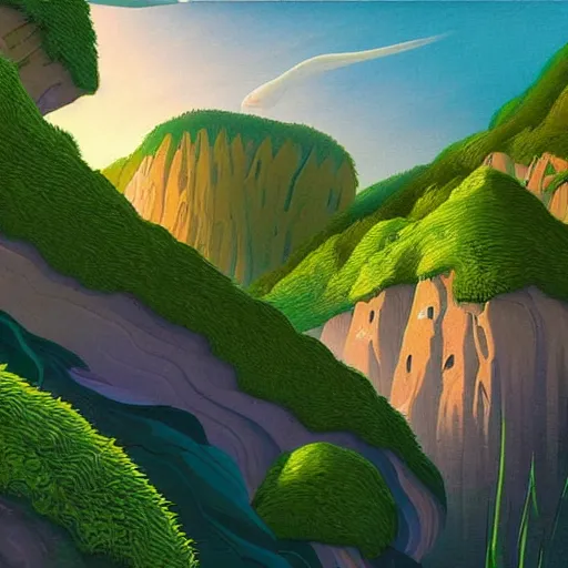 Prompt: digital painting of a lush natural scene on an alien planet by a. j. casson. ultra sharp high quality digital render. detailed. beautiful landscape. colourful weird vegetation. cliffs and water.