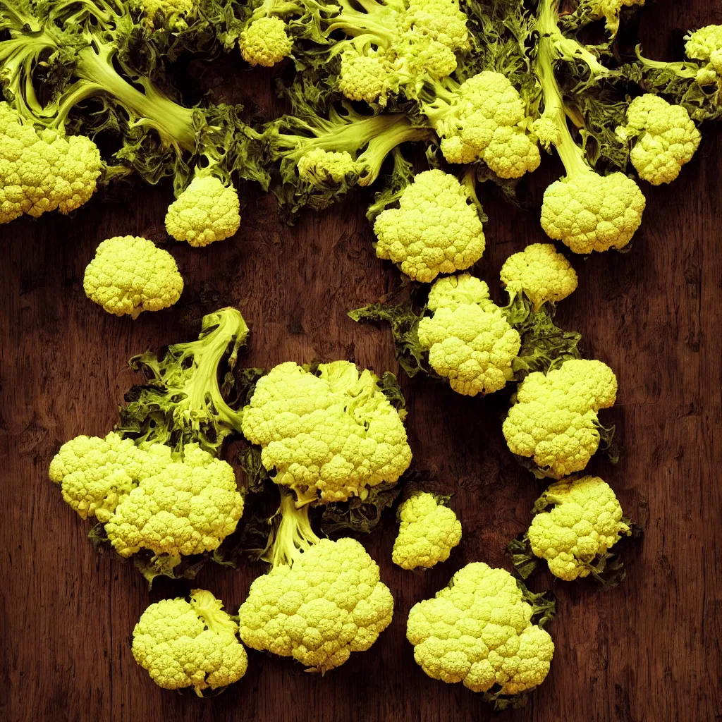 Image similar to large fractal of cauliflowers roots, over vivid dark wood table, precise, symmetrical, geometrical. food photography. super detailed. masterpiece