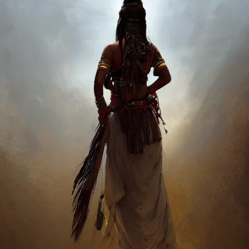 Image similar to back view of a beautiful indian tribal woman warrior, by dreadjim, Greg Rutkowski, james gurney, low angle view, masterpiece, cinematic