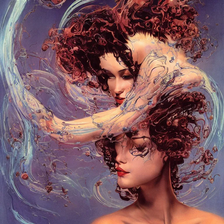 Prompt: portrait of a woman with ( ( ( ( swirling ) ) ) ) swirling swirling hair and ( fractal ) skin by frank frazetta, retrofuturism, psychedelic art reimagined by industrial light and magic