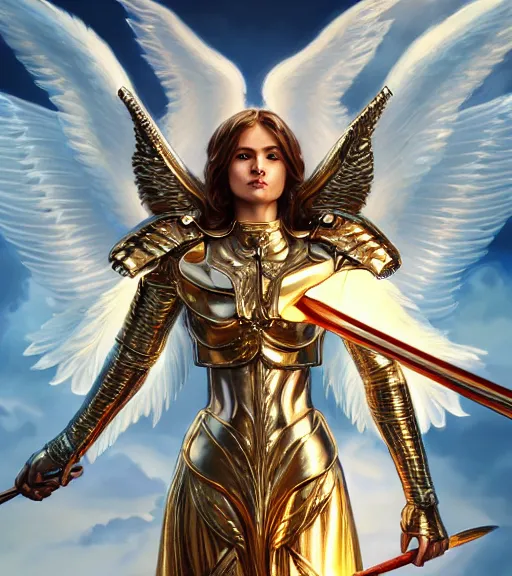 Prompt: A beautiful angel wearing metallic battle armor and a flaming sword, wing, among heavenly sunlit clouds, close-up shot, intricate, elegant, digital painting, golden hour, cinematic, trending on artstation, concept art, smooth, sharp focus, illustration, art by artgerm and Greg Rutkowski and Alphonse Mucha