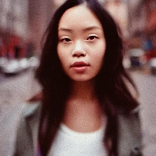 Image similar to a close-up of a gorgeous woman’s face looking at the camera with a mix of desperation and awe, soft blurred city background, captured in low light and soft focus, cinestill 800t