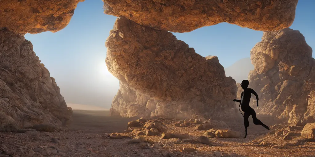Image similar to levitating grey ghost veiled silhouette with full - face golden glowing bright reflective mask in a dry rocky desert landscape, visible sky and sunny atmosphere, floating rocks, flying rocks and fata morgana and giant mirrors by alejandro jodorowsky, anamorphic lens, kodakchrome, practical effects, masterpiece, 8 k