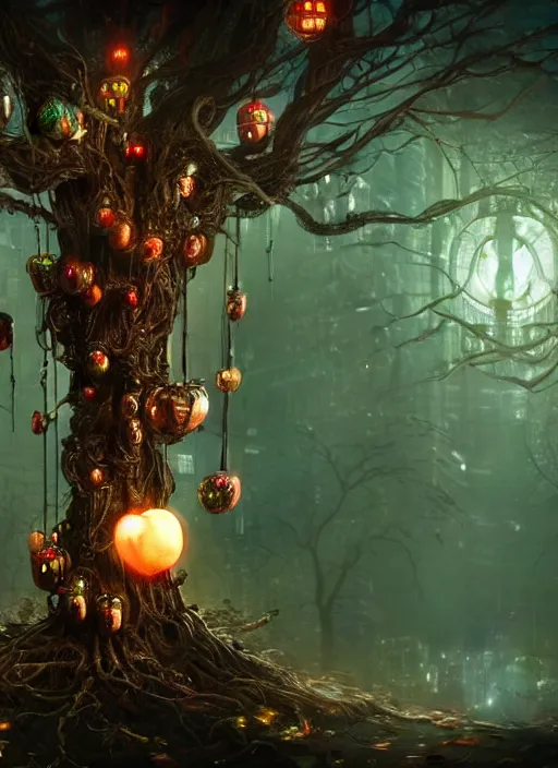 Image similar to tree with intricate mechanical apples, on the background of a weird magical mechanical forest. Very detailed 8k. Fantasy cyberpunk horror. Sharp. Cinematic post-processing