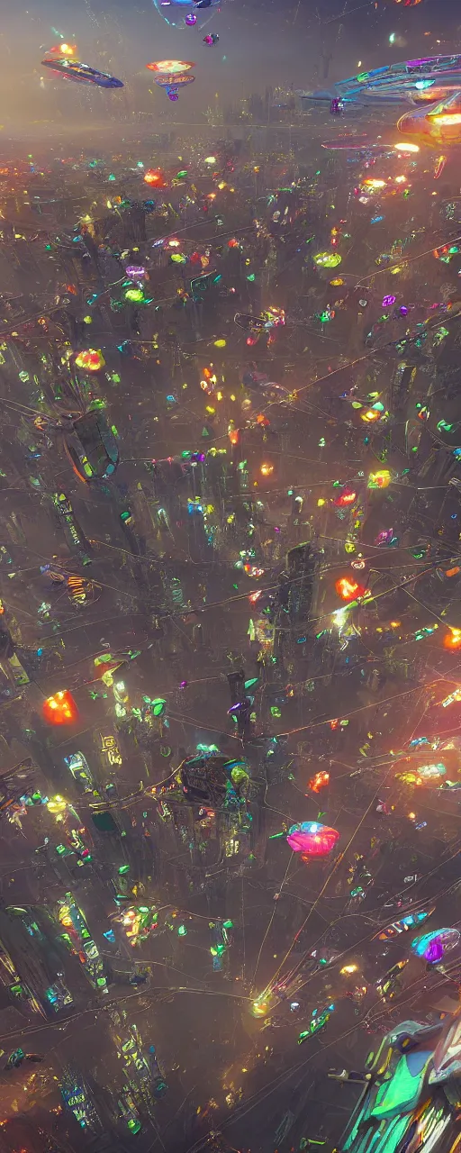 Prompt: elaborately detailed photo art of colorful multiple parachutes flying on cyberpunk city, high fantasy matte painting, atmospheric lighting, highly detailed illustration highlights, 8K detail post-processing, featured on DeviantArt, trending on cgsociety