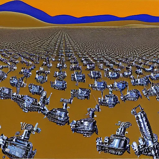 Prompt: painting of army of army of metallic robots in desert, by mc escher