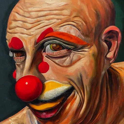 Image similar to a sweaty bald worried brow clown face in the style of lucien freud, painting, auction