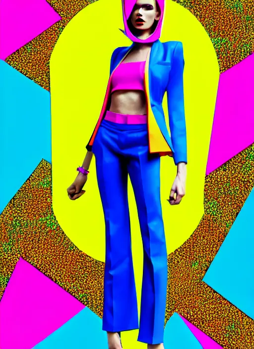 Prompt: bright trouser suit for a rave, bright colors, many details, prints, photo for a magazine, photo for a store, fashion photography, Vogue, 135 mm, cinematic, hyper realism, high detail, 8k, Two models in the frame, dynamic pose,Smooth skin, perfect face, people