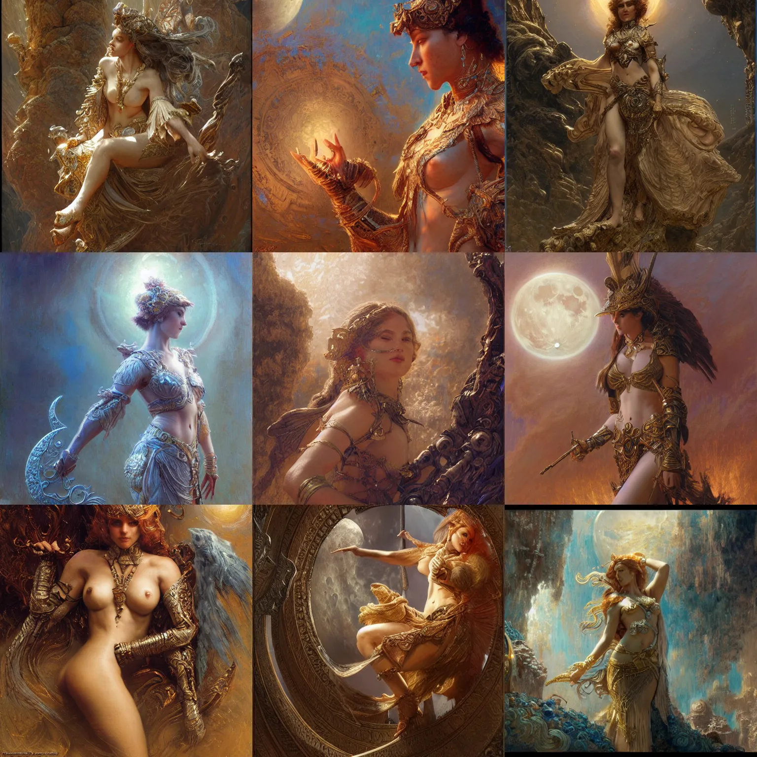 Prompt: fantasy character, wide angle, ultra realistic, intricate details, the moon goddess waxes, highly detailed, abstract art piece by gaston bussiere, craig mullins, j. c. leyendecker 8 k