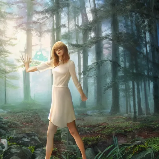 Prompt: taylor swift holding her hand out for you to hold, long hair with bangs, Crystal clear blue eyes, full-body-shot, beautiful fog lit forest backround, oil colors, elegant, sharp focus, cute face, Hyper-realistic, Highly Detailed, HD, Dramatic Lighting by Brom, by beeple, studio ghibli, wallpaper, highly detailed, trending on artstation