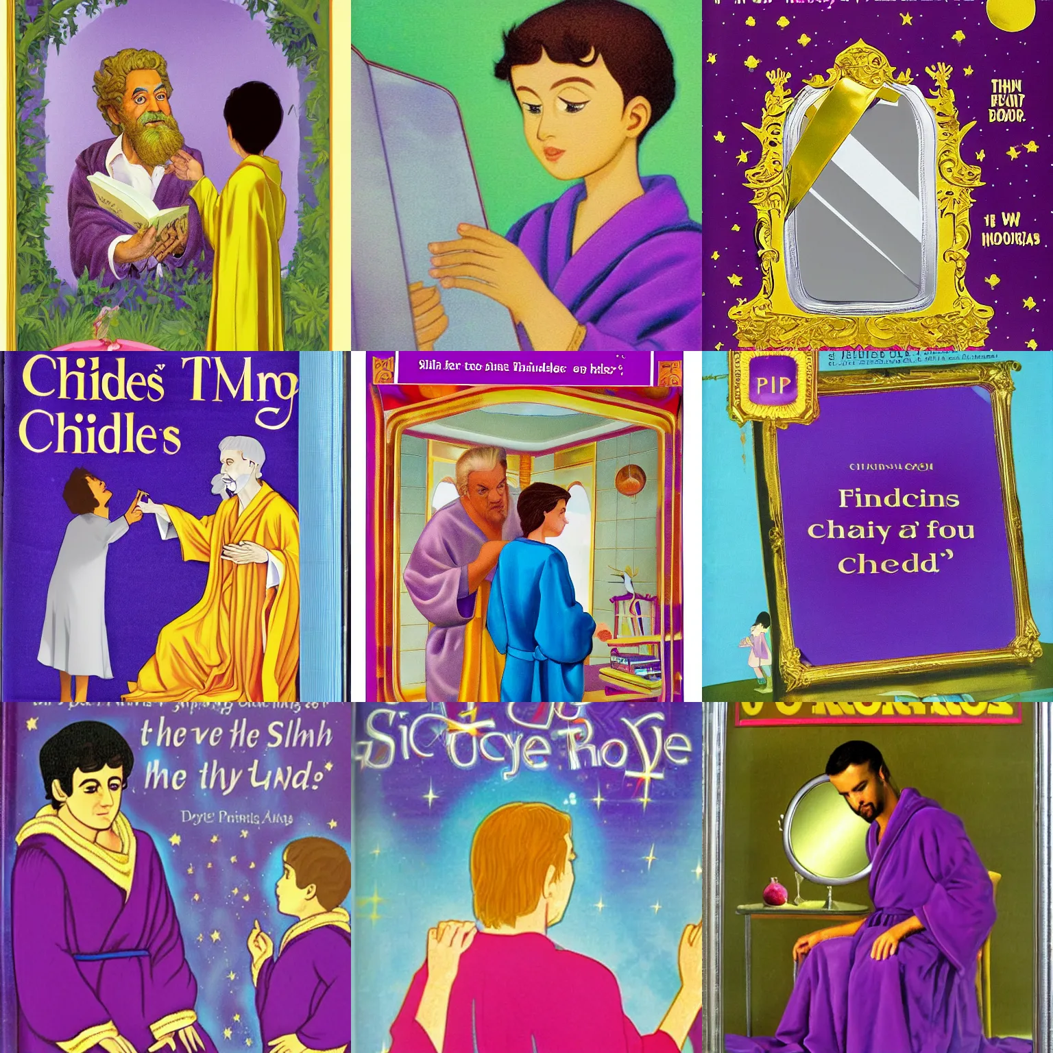 Prompt: a huge shiny silver metal mirror. A philosopher gazes into the mirror wearing a purple robe and gold lining. Pictured on the cover of an Usborne children's book.