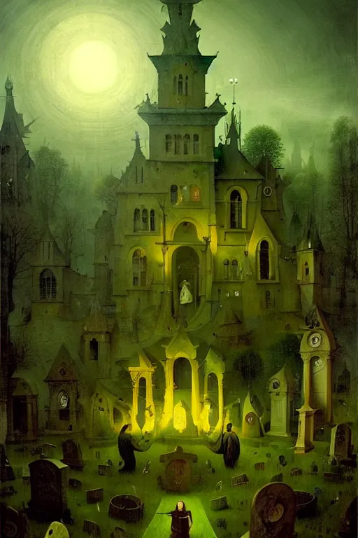 Image similar to hieronymus bosch, greg rutkowski, anna podedworna, painting of the broccoli, god rays, wide shot of a graveyard lit by spooky green lights