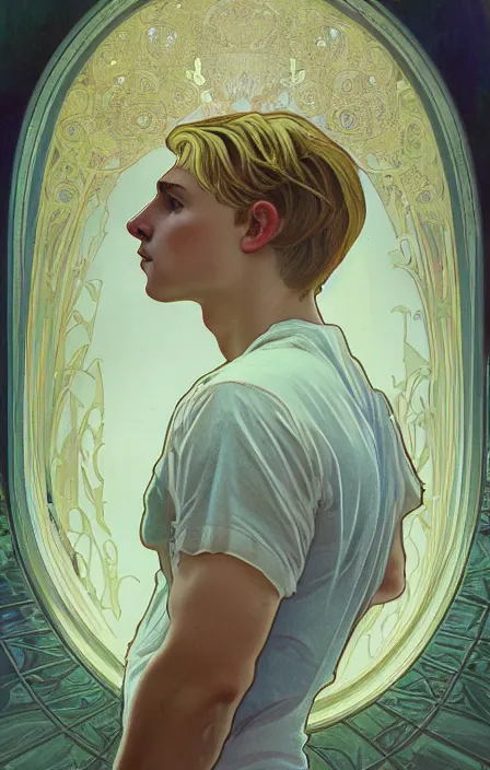 Image similar to young man with short blond hair, looking downwards, magical swirls, magical light, magical atmosphere, depression, alphonse mucha style, painterly, highly detailed, 8 k