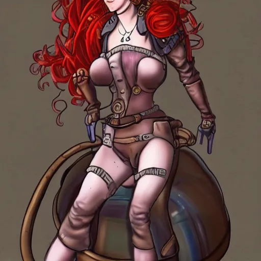 Prompt: redhead steampunk alchemist's ( ( body is inflated with air ) ) by an experiment gone wrong. her clothes are stretched tightly around her and she's about to burst from overinflation. hyper realistic full body image