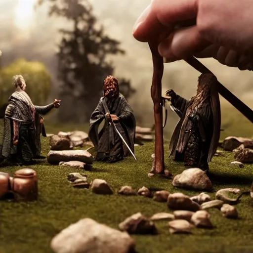 Image similar to claymation action shot of the council of the ring, lotr, dramatic lighting, creepy, dslr, tilt shift, extremely textured, realistic hyper detailed