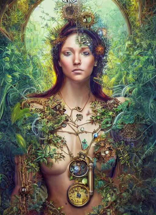 Image similar to oil painting of android woman covered by plants and crystals in the mystical forest, beautiful symmetrical face, renaissance style, wires and cords, golden steampunk, retro futurism, sci - fi, filigree jewellery, baroque, cinematic light, mystical shadows, 8 k