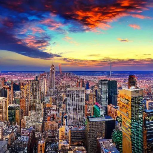 Image similar to Super High Detailed Panoramic photo-realistic of all the Major Cities in the United States at Sunset, Partly Cloudy, Excellent Lighting, in Autumn 8k