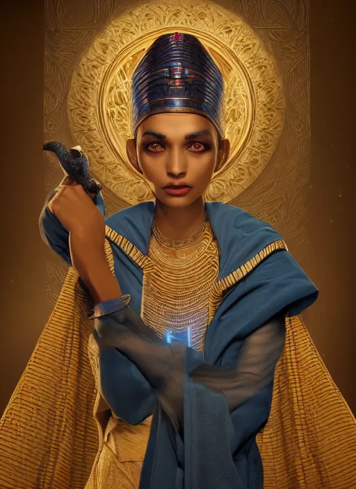 Image similar to an anthropomorphic beautiful female wizard of pharaoh holding magic wand portrait wearing robe, fine art, award winning, intricate, elegant, sharp focus, octane render, hyperrealistic, cinematic lighting, highly detailed, digital painting, 8 k concept art, art by jamie hewlett and z. w. gu, masterpiece, trending on artstation, 8 k