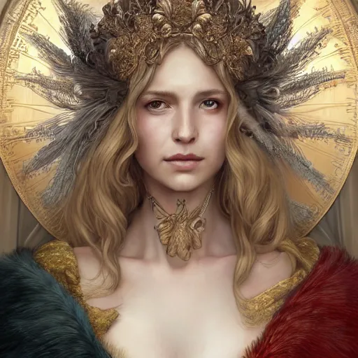 Image similar to portrait painting of a beautiful and regal blonde lady wearing a feathered cloak and noble garments, ultra realistic, concept art, intricate details, eerie, highly detailed, photorealistic, octane render, 8 k, unreal engine. art by artgerm and greg rutkowski and charlie bowater and magali villeneuve and alphonse mucha