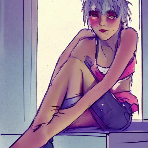 Image similar to concept art for a beautiful sleepy punk girl sitting at a window, wearing crop top and torn short pants, pretty face, Glamor Shot, Magnification, 8K, Lonely, Accent Lighting, De-Noise, symmetrical face, hyper-realistic