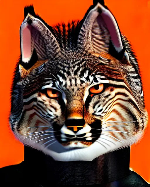 Image similar to eric - anthony johnson comic cover art, bobcat! with orange fur, symmetrical eyes, symmetrical face, white shirt!, cinematic lighting