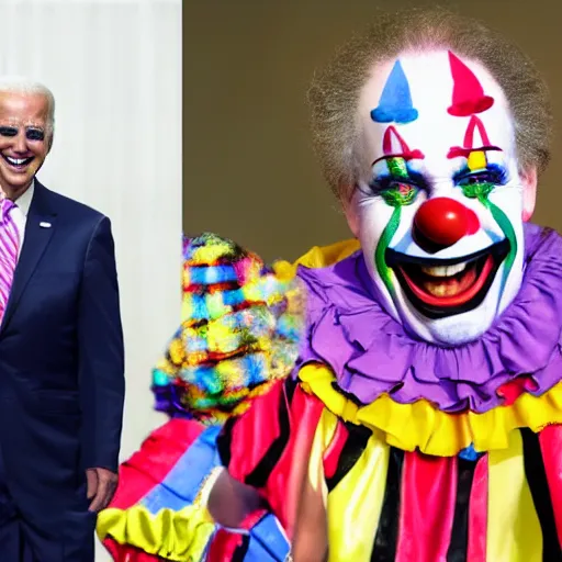 Image similar to A grand circus with Joe Biden in the middle wearing clown costume and colorful clown makeup