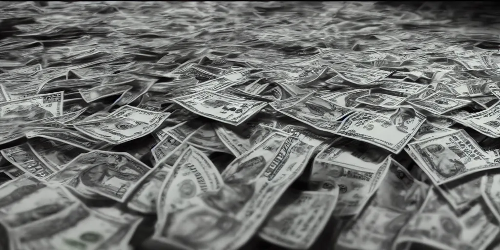 Image similar to a film still of cash money piling up in a vault, shallow depth of field, cinematic, award winning cgi, vfx, film still cfg _ scale : 1 1. 0