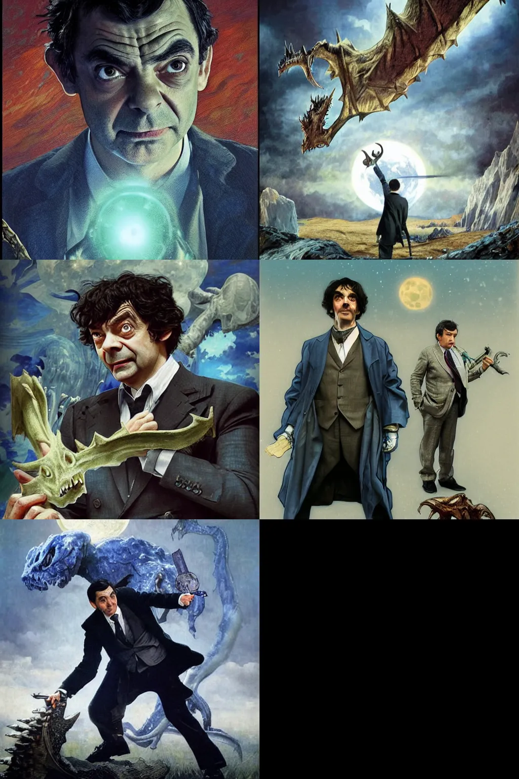 Prompt: Mr. Bean (Rowan Atkinson), as a badass monster hunter is fighting with Sherlock (Benedict Cumberbatch), full moon, blue tones, dramatic, high contrast, dark fantasy, photorealistic, detailed, character concept art by Goya, Alphonse Mucha, Greg Rutkowski and J.Dickenson