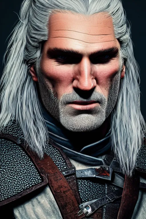 Image similar to portrait of geralt of rivia, 5 5 mm lens, professional photograph, times magazine, serious, stern look, zoomed out