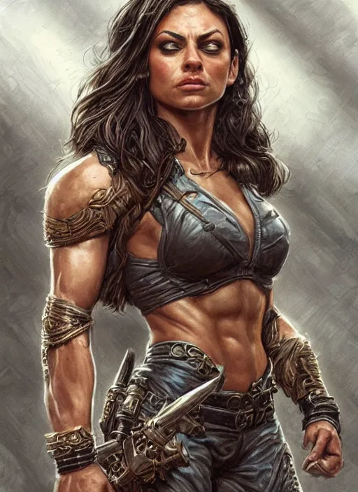 Image similar to very muscled Amazon Mila Kunis as a ruggedly mean looking heroine, intricate, elegant, highly detailed, centered, digital painting, artstation, concept art, smooth, sharp focus, illustration, art by artgerm and donato giancola and Joseph Christian Leyendecker, WLOP