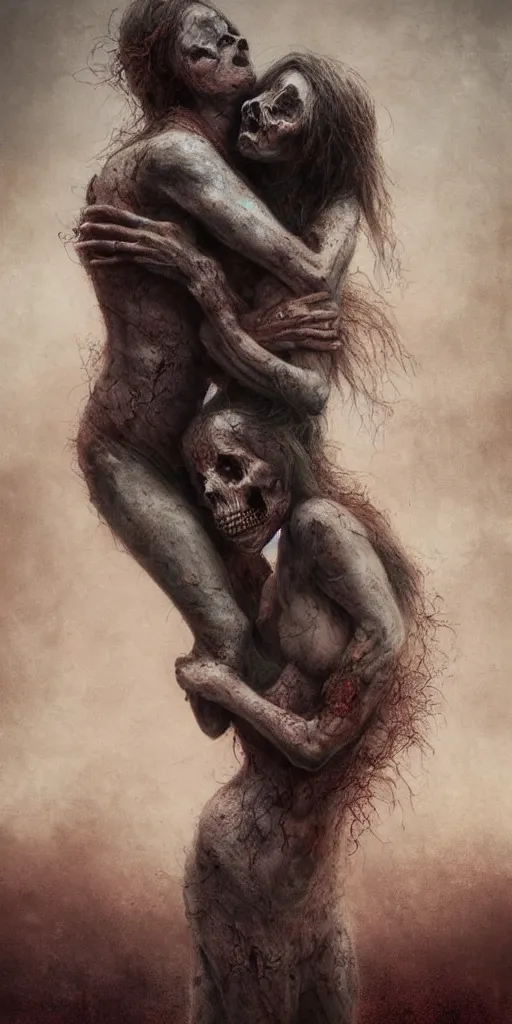 Image similar to death child and women hugging, in the style of keith thompson and zdzislaw beksinski, artstation hd, 8 k, surrealistic digital artwork, post apocalyptic street