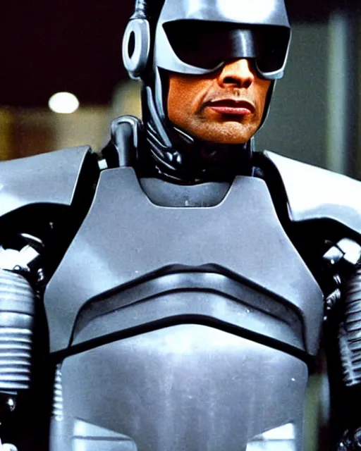 Image similar to film still close - up shot of dwayne johnson as robocop from the movie robocop. photographic, photography