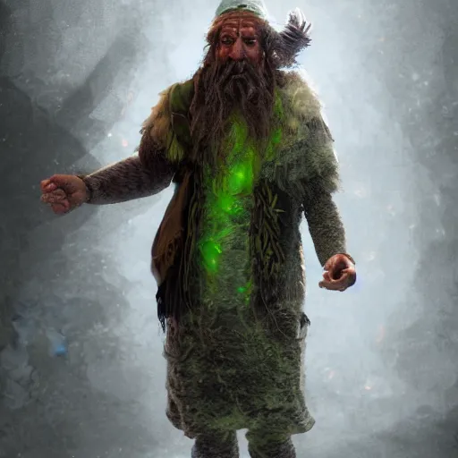 Image similar to realistic a human hobo druid with green magic around, fantasy book, d & d, high detail, 8 k, octane render painting, dark fantasy