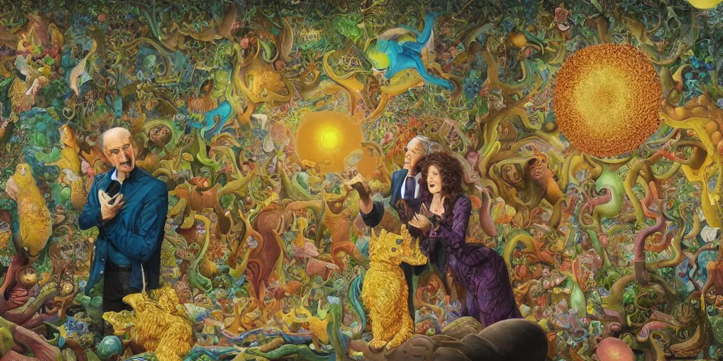 Image similar to a sobbing man and a happy women, furry creatures, highly detailed, cinematic, infographic for imaginary animals, golden hour, backlit by an alien planet, sharp focus, psychedelic LSD manga, abstract oil painting by Raqib Shaw and joseph albers, MC Escher illustration, 8k,by Stanley Artgermm,Tom Bagshaw,Greg Rutkowski,Carne Griffiths, Ayami Kojima, Beksinski, Giger,trending on DeviantArt,hyper detailed,horror, full of colour, golden hour